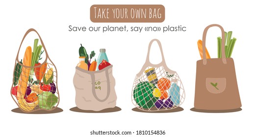 Bolsa de compras textil reutilizable con verduras y frutas para una vida ecológica.  El concepto de basura cero. Colorida ilustración vectorial hecha a mano para banner, tarjeta, afiche. Decir NO al plástico