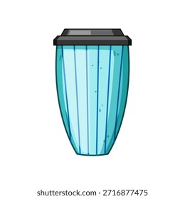 Taza termo reutilizable que exhibe rayas azules de la Vertical en un fondo azul claro con una tapa negra, representando la vida sostenible y el consumo respetuoso del medio ambiente de la bebida