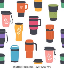 Reusable thermo mug tumblers seamless pattern, thermal coffee cups, vector background. Thermos flasks and travel bottles with drinking sip lid, vacuum thermo mugs and insulated tumblers pattern