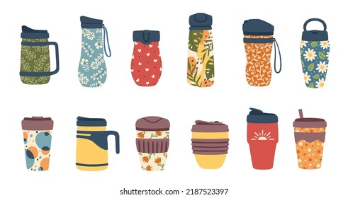 Reusable thermo mugs, tumbler bottles, travel coffee cups and thermos. Vector metal flasks for water and hot drinks, isolated stainless steel and plastic cups with insulated lids and drinking straw