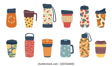 Reusable thermo mugs tumblers and thermal coffee cups, vector icons. Thermos flasks and travel water bottles with drinking lids, grips and strap holders, vacuum thermo mugs and insulated tumblers