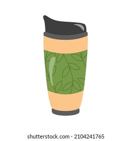 Reusable thermocup with plant print for the concept of zero waste. For hot drinks, coffee, tea, cocoa. Vector illustration in cartoon style.