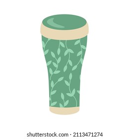 Reusable thermocup with a print of leaves and twigs for the concept of zero waste. For hot drinks, coffee, tea, cocoa. Vector illustration in cartoon style.