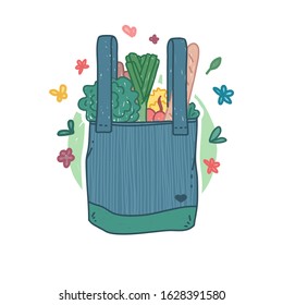 Reusable tote bag icon in cartoon doodle style. 