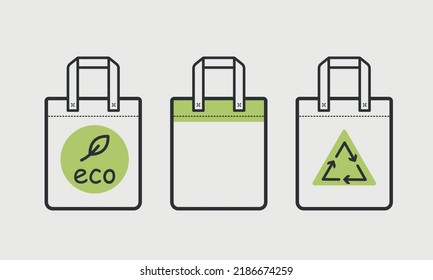 Reusable Tote bag line icon set. Eco package for shopping in the store and in the market. Cotton bag silhouette. 