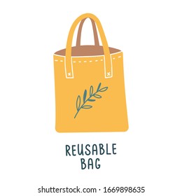Reusable Tote Bag For Shopping, Cotton Fabric Bag, No Plastic Lifestyle, Zero Waste Concept, Isolated Vector Icon