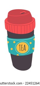 Reusable travel mug flat icon Thermos for hot drink. Vector illustration