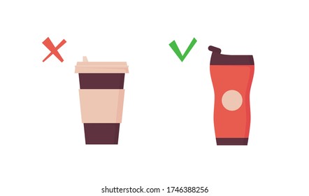 Reusable tumbler vs disposable cup. Takeaway coffee mug on zero waste poster. Vector illustration in flat style on white background.