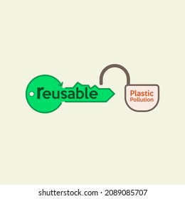 Reusable typographic key open a lock of plastic pollution. Use reusable product is the key to solution. Vector illustration outline flat design style.