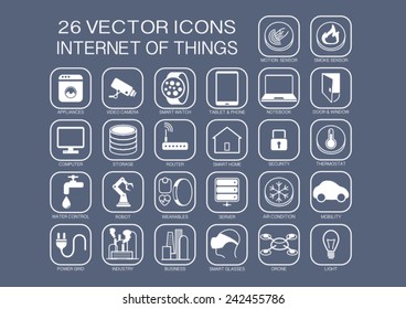 Reusable vector illustration icons for internet of things topics like home automation, smart home, smart watch, smart thermostats, smart sensors, robots, appliances.