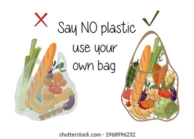 Bolsa reutilizable versus bolsa de plástico. Bolsas de compras con comestibles. No hay residuos, protección ambiental a través del uso de materiales naturales y respetuosos con el medio ambiente. No digas plástico.
Usa tu bolso
