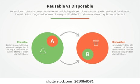 reusable vs disposable comparison opposite infographic concept for slide presentation with big circle badge and opposite arrow direction with flat style vector