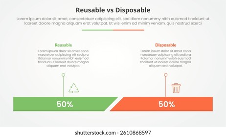 reusable vs disposable comparison opposite infographic concept for slide presentation with percentage horizontal bar with flat style vector