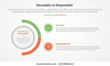reusable vs disposable comparison opposite infographic concept for slide presentation with big circle and half circle variation with flat style vector