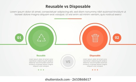 reusable vs disposable comparison opposite infographic concept for slide presentation with big circle outline horizontal with flat style vector