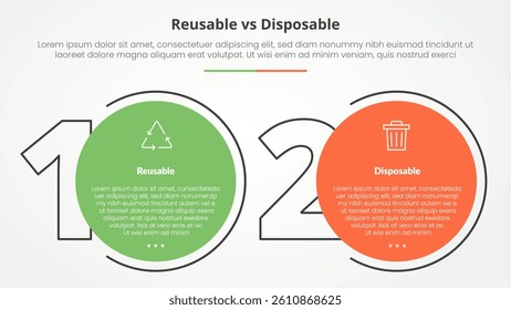 reusable vs disposable comparison opposite infographic concept for slide presentation with big outline number and circle with flat style vector
