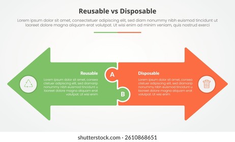 reusable vs disposable comparison opposite infographic concept for slide presentation with big arrow shape side by side opposite direction with flat style vector
