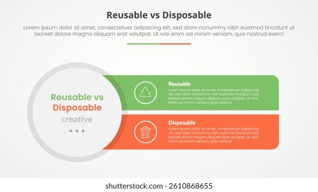 reusable vs disposable comparison opposite infographic concept for slide presentation with big circle and sharp rectangle with flat style vector
