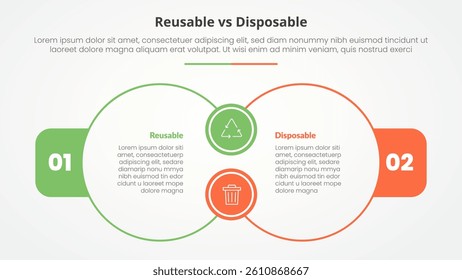 reusable vs disposable comparison opposite infographic concept for slide presentation with big outline circle join connection with flat style vector