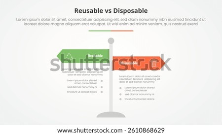 reusable vs disposable comparison opposite infographic concept for slide presentation with road signs pillar with flat style vector