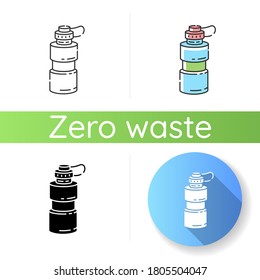 Reusable water bottle icon. Linear black and RGB color styles. Sustainable lifestyle, zero waste. Nature protection, environment conservation, pollution reduce. Isolated vector illustrations