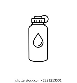 Reusable water bottle icon with screw cap and water droplet label for water park hydration, sports refreshment and poolside drinking supply