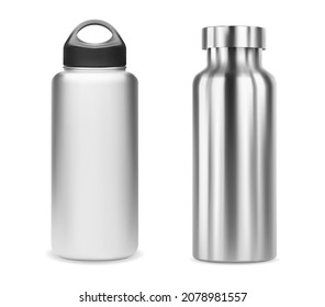 Reusable water bottle. Isolated aluminum metal bottle blank. Stailess steel thermo flask, outdoor equipment. Bicycle bottle, glossy steel template illustration. Realistic recycle tin