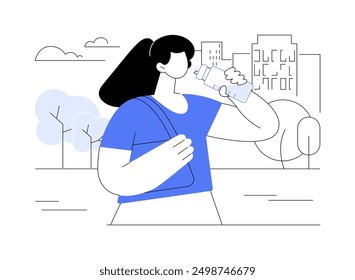 Reusable water bottle isolated cartoon vector illustrations. Girl drinks water from reusable bottle, planet saving, city activism, responsible attitude, social activity vector cartoon.