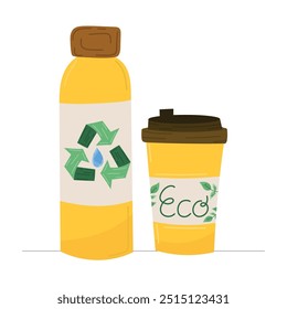 Reusable water bottle with recycling symbol and eco-friendly coffee cup illustration on white background. Zero West - modern lifestyle concept. For ecological projects, postcards, posters.