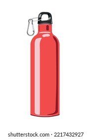Reusable water bottle, red metallic thermos. Eecological bottle for beverages. Reduce plastic waste healthy alternative. Illustratoin in a flat style is isolated on a white background