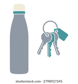 Reusable water bottle and set of keys, essential items for running, sports, and daily errands.