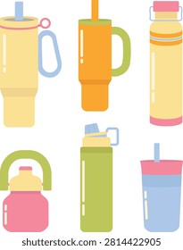 Reusable Water Bottle and Tumbler Vector Set, Flat Drinkware Collection, Travel Mug and Thermos Bottle Illustration