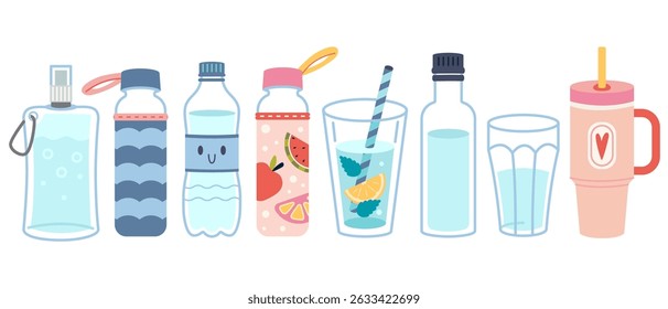Reusable water bottles and glasses for takeaway drink set, hydration and eco friendly zero waste lifestyle. Trendy modern vector illustration isolated on white, hand drawn, flat design