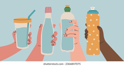 Reusable water container. Various poses of hands holding bottle, tumbler, sports water bottle. Use your own bottle. Vector isolated illustration for design.