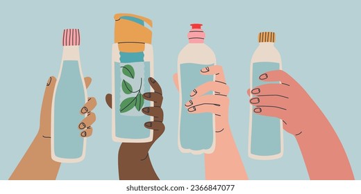 Reusable water container. Various poses of hands holding bottle, tumbler, sports water bottle. Use your own bottle. Vector isolated illustration for design.