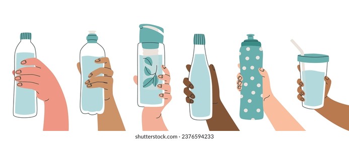 Contenedor de agua reutilizable. Diversas poses de botellas de mano, de tambor, de botellas de agua deportivas. Usa tu propio frasco. Ilustración minimalista aislada de vectores para el diseño.