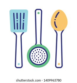 Reusable wood kitchen tools line color icon. Recycle elements: scapula, spoon, skimmer. Zero waste lifestyle. Eco friendly. Organic, kitchen natural material. UI/UX/GUI design element. 