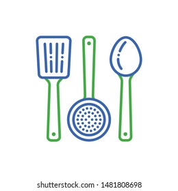Reusable wood kitchen tools line color icon. Recycle elements: scapula, spoon, skimmer. Zero waste lifestyle. Eco friendly. Organic, kitchen natural material. UI/UX/GUI design element. 