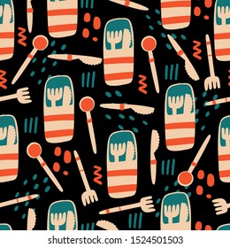 Reusable wooden cutlery seamless pattern. Hand drawn element of zero waste life in vector. Eco style. No Plastic and Go Green concept background.