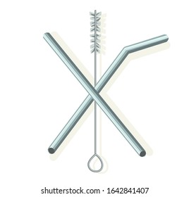 reusable zero waste metal alternative straw ecology save planet symbol in two sizes and with straw cleaner in cross symbol