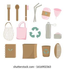 Reuse elements zero waste household items icon set vector graphic illustration. Concept of refuse plastic, eco lifestyle and go green isolated on white background