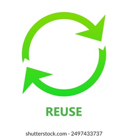 Reuse. Green circular arrows, usage, clean environment, pollution, save the planet, ecology, nature, zero waste, reduce, recycle, eco, biodegradable materials, natural, organic, microplastics. Vector