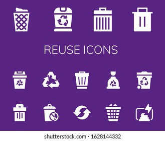 reuse icon set. 14 filled reuse icons. Included Trash can, Trash, Recycling, Recycle, Waste, Garbage, Compost icons
