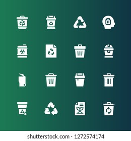 reuse icon set. Collection of 16 filled reuse icons included Recycle, Recycled paper, Trash, Bin, Garbage, Waste, Delete, Recycling, Recycling bin