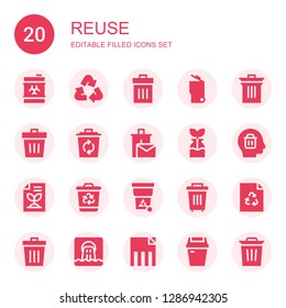 reuse icon set. Collection of 20 filled reuse icons included Waste, Recycle, Trash, Garbage, Bin, Recycle bin, Reuse, Delete, Recycled paper, Recycling bin