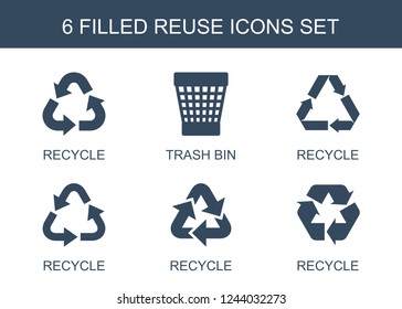 reuse icons. Set of 6 filled reuse icons included recycle, trash bin on white background. Editable reuse icons for web, mobile and infographics.