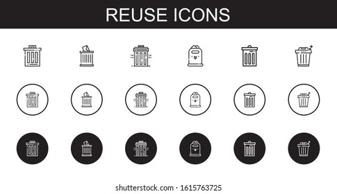 reuse icons set. Collection of reuse with trash, recycle bin, paper bin. Editable and scalable reuse icons.