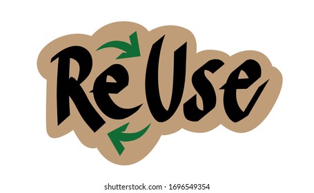 ReUse lettering sticker. Creative vector design for postcard, banner or print. Hand-drawn calligraphy isolated on craft background. Ecology concept, eco friendly.  