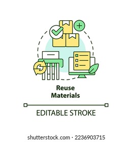 Icono de concepto de materiales de reutilización. Productos reciclados. Recursos renovables. Ilustración de línea delgada de idea abstracta de la oficina ecológica. Dibujo de contorno aislado. Trazo editable. Fuentes Arial, Myriad Pro-Bold utilizadas
