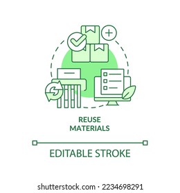 Reuse materials green concept icon. Recycled products. Eco friendly office abstract idea thin line illustration. Isolated outline drawing. Editable stroke. Arial, Myriad Pro-Bold fonts used